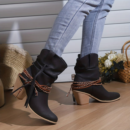 Womens Vintage-Inspired Chunky Heeled Cowboy Boots - Fashionable Tassel & Braided Band Detail, Slip-On Comfort, Soft Slouchy Texture - Retro Short Western Boots