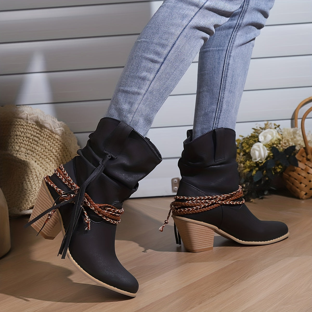 Womens Vintage-Inspired Chunky Heeled Cowboy Boots - Fashionable Tassel & Braided Band Detail, Slip-On Comfort, Soft Slouchy Texture - Retro Short Western Boots