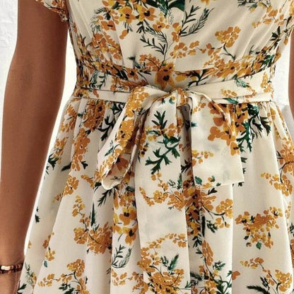 Robe mi-longue d'été décontractée bohème à manches courtes et col en V, avec ceinture à nouer et imprimé floral pour femme