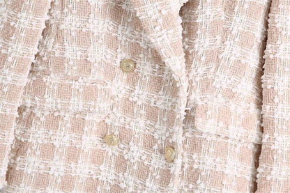 Elegant Luxury Lapel Long Sleeved Double Breasted Check tweed Blazer Women