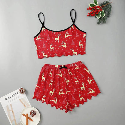 Pyjama de Noël européen et américain pour femme - Débardeur et short - Soie de lait - Simple et décontracté - Deux pièces - Vêtement d'intérieur