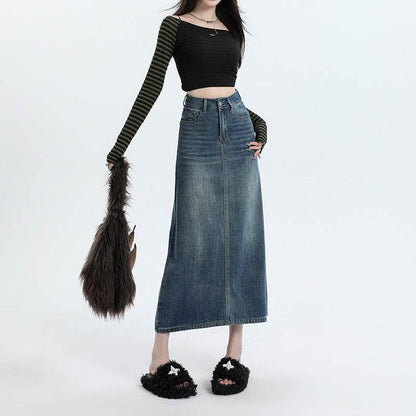 High Waisted Denim Skirt Long Cotton Solid Style