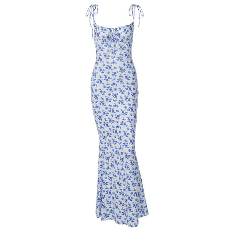Robe Longue Bretelles Imprimé Floral Été Dentelle Ajustée Dos Nu Pour Femmes