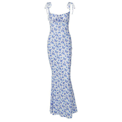 Robe Longue Bretelles Imprimé Floral Été Dentelle Ajustée Dos Nu Pour Femmes