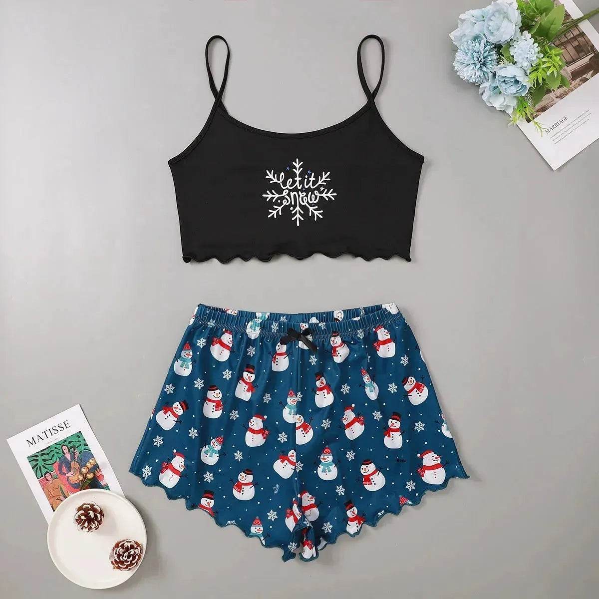 Pyjama de Noël européen et américain pour femme - Débardeur et short - Soie de lait - Simple et décontracté - Deux pièces - Vêtement d'intérieur