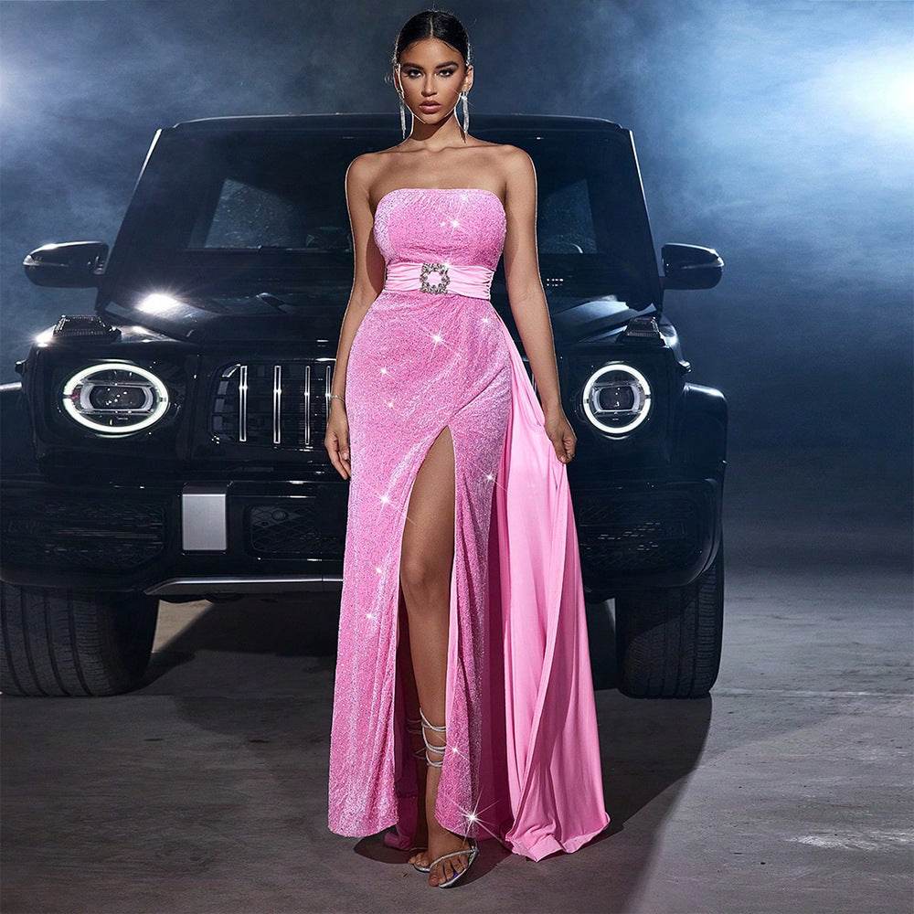 Strapless Sequined Cinched Waist Slim-fit Tube Top Banquet Pink formal Dress