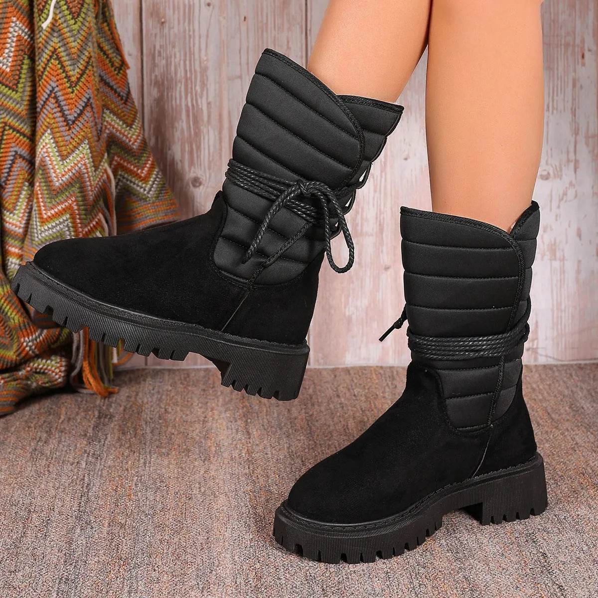 Bottes de neige mi-mollet tendance avec lacets, bottes d'hiver chaudes et épaisses à talon bas, chaussures décontractées pour femmes, pour l'extérieur