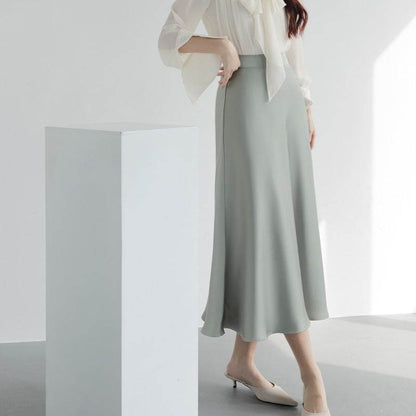 Women's formal Work Satin Skirt Summer High Waist Midi Sheath Skirt