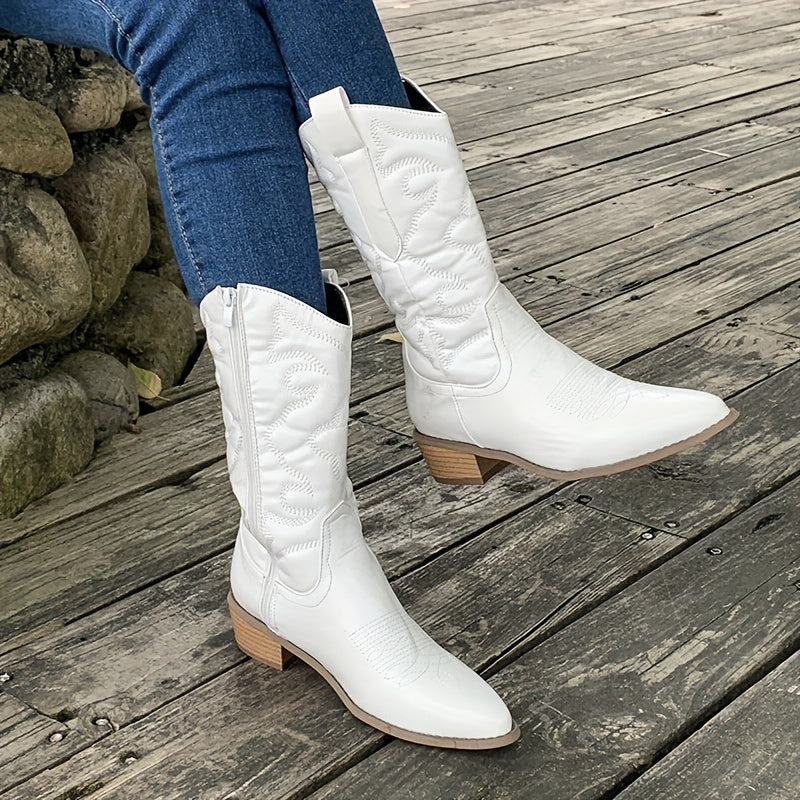 Bottes de cowboy mi-mollet rétro à talon bas et broderies pour femme, bout pointu et découpe en V