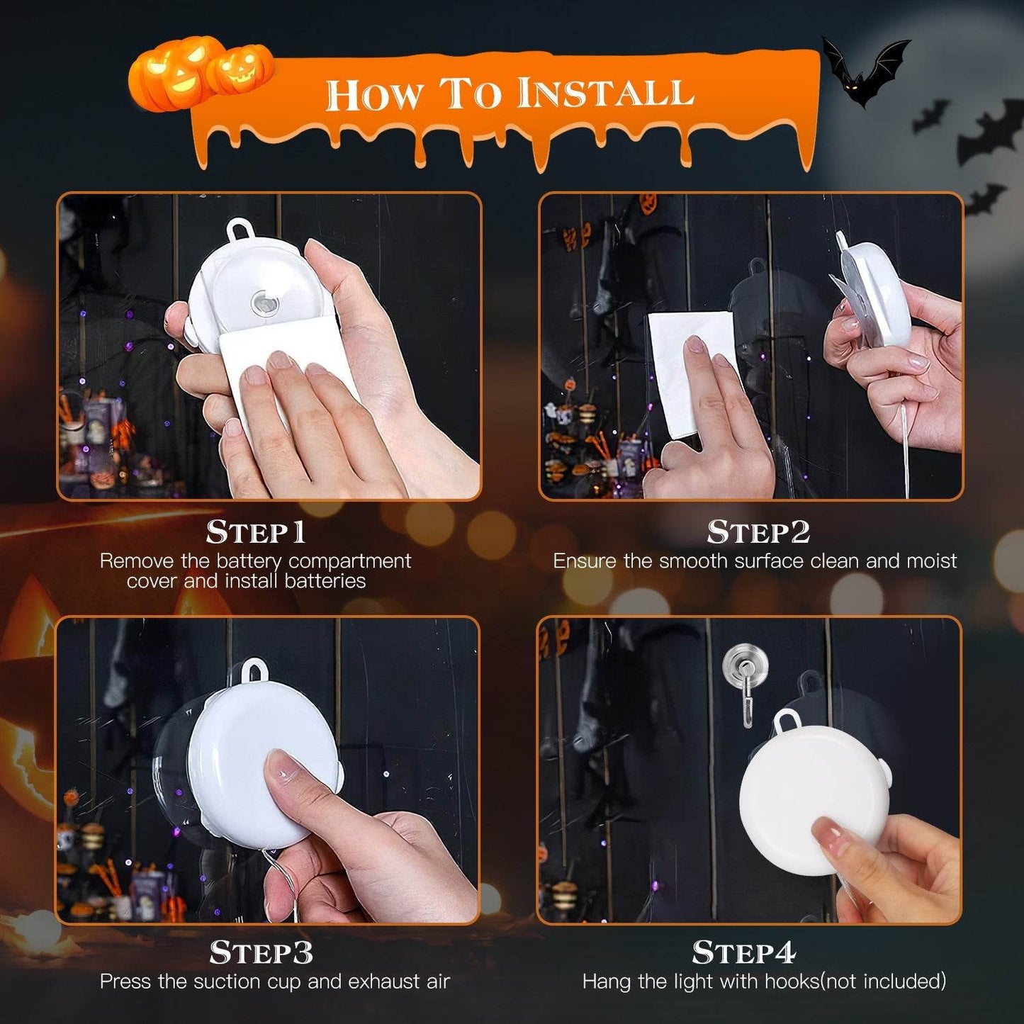 Lot de 3 lumières d'Halloween pour fenêtre, araignée, chapeau de sorcière, citrouille, avec lumière orange, décoration d'Halloween à suspendre avec ventouse et trous de suspension.