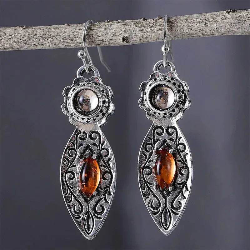 European And American New Retro Pattern Two-tone Gemstone Drop Earrings