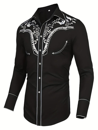 Western Cowboy Chic Long Sleeve Embroidered Shirt - Soft Cotton Blend, Elegant Design, Casual Style for Spring Fall Vacation Resort Wear - Men's Shirt for Outdoor Activities, Travel, and Leisure