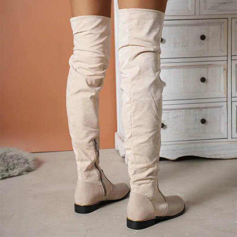 Bottes cuissardes pour femmes en suède avec coutures, talons bas, longues bottes avec fermeture éclair latérale, chaussures de fête hivernales