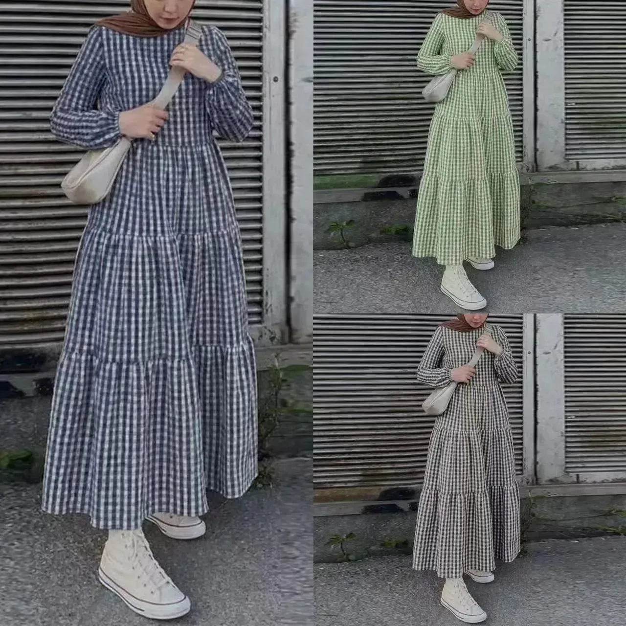 Middle East Plaid Long Sleeve Elastic Sleeve Round Neck Loose Waist Casual Dress Checked Casual dress for Arabfor Women