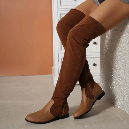 Bottes cuissardes pour femmes en suède avec coutures, talons bas, longues bottes avec fermeture éclair latérale, chaussures de fête hivernales