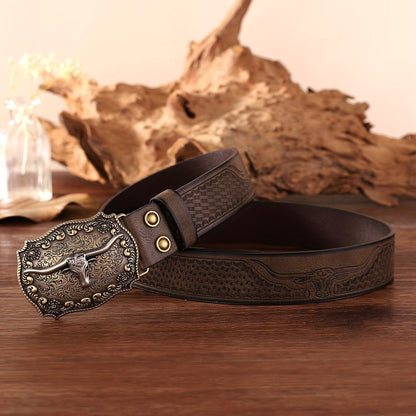 Ceinture Western Vintage pour Homme avec Détails Gaufrés et Boucle Unique - Similicuir Tendance, Bords Brodés, Style Décontracté