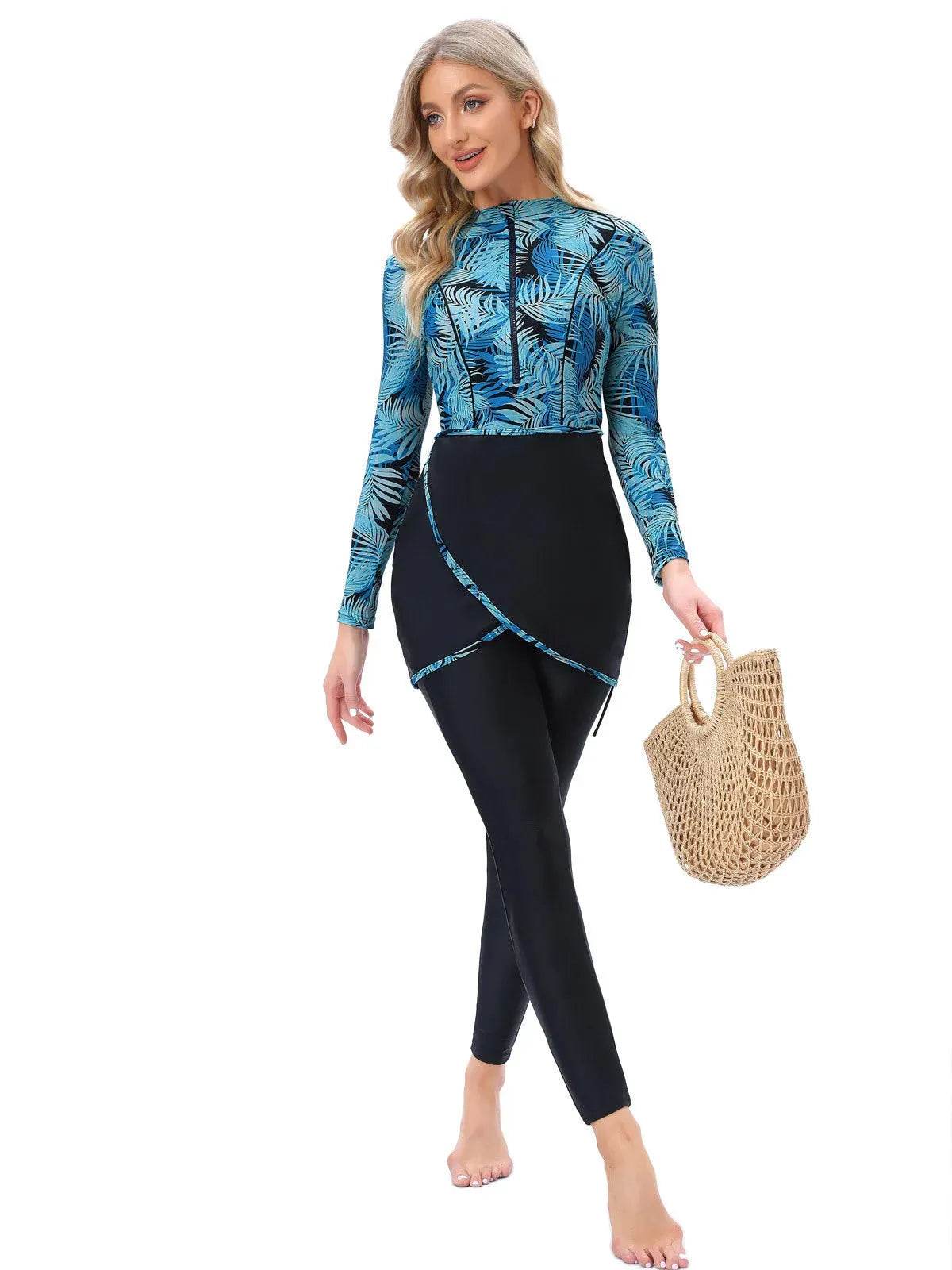 Long Sleeve Zipper ArabSwimsuit With Hat Chest Pad 3 Piece Conservative