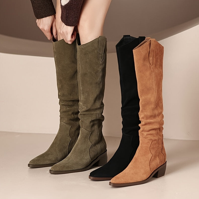 [Vintage Western Cowboy Boots] Ylxhoa Women's Vintage Western Cowboy Boots - Knee-High Pull-On Boots with Chunky Heels, Slip-Resistant PU Outsole, Pointed Toe, Durable Construction - Western Booties for Country Western Events