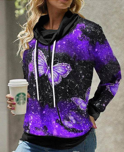 New Fashion Women's Pile Collar Printed Hoodie Pullover Top