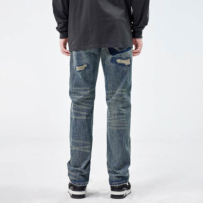 American Style Loose Broken Patch Straight Retro Denim Jeans pant Trousers Men