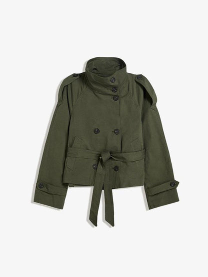 Women’s Retro Double-Breasted Trench Coat – Lapel Collar Long-Sleeve Lace-Up Short Jacket