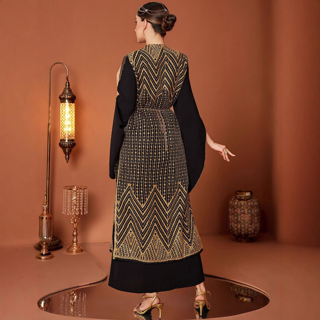 Arabic Vintage Gold Embroidered Black Fake Two Pieces Robe