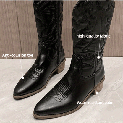 Solid Color Women's Low Heeled Embroidery Cowboy Boots, Pointed Toe V-cut Chunky Retro Mid Calf Western Boots