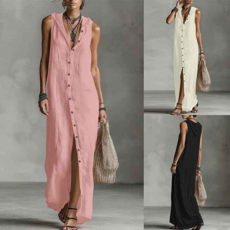 Women's Hooded Sleeveless Button-Down Split Maxi Dress – Casual Vacation Long Dress for Spring & Summer