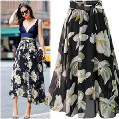Jupe Longue Formelle Femme Taille Haute Florale Évasée en Mousseline de Soie pour le Bureau