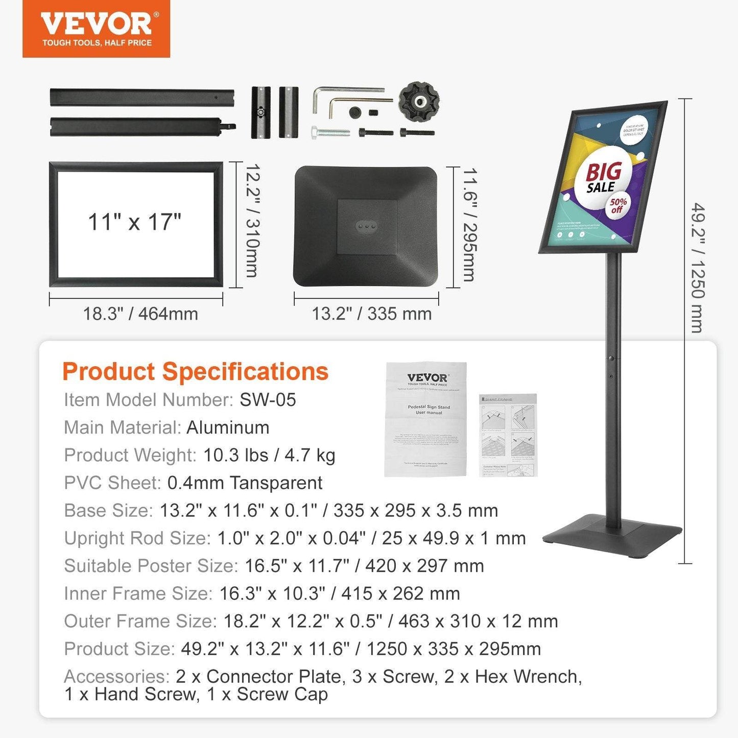 Pedestal Sign Holder, 11 X 17 Inch Vertical And Horizontal Adjustable Poster Stand, Heavy-Duty Floor Standing Sign Holder With Metal Base For Display, Advertisement, And Outdoor, Black