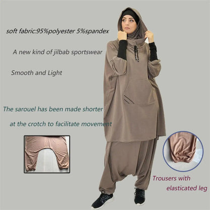 Middle East Arabic Solid Color Hooded Drawstring Pocket Two-piece Sports Suit