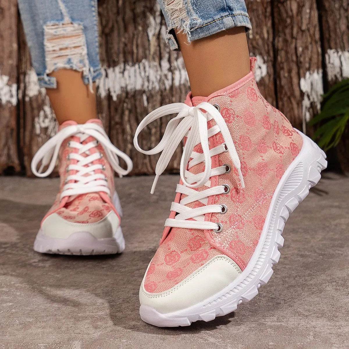 Bottes à lacets imprimé rose, chaussures en toile respirantes à la mode, bottines courtes décontractées antidérapantes à semelle épaisse pour femmes