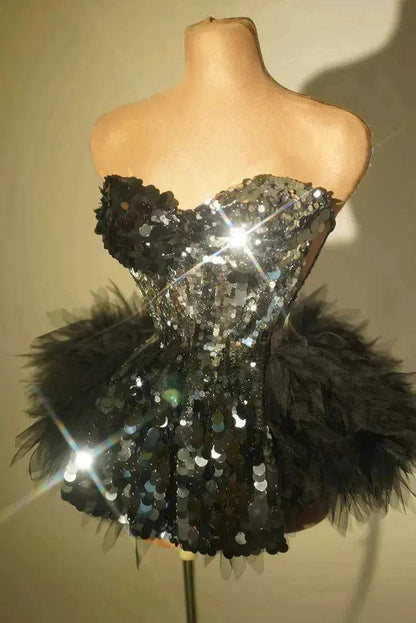 Strapless Tassle  Corset dress Women's Tube Top Rhinestone Chain Skirt Outfit for Evening party Cocktail event