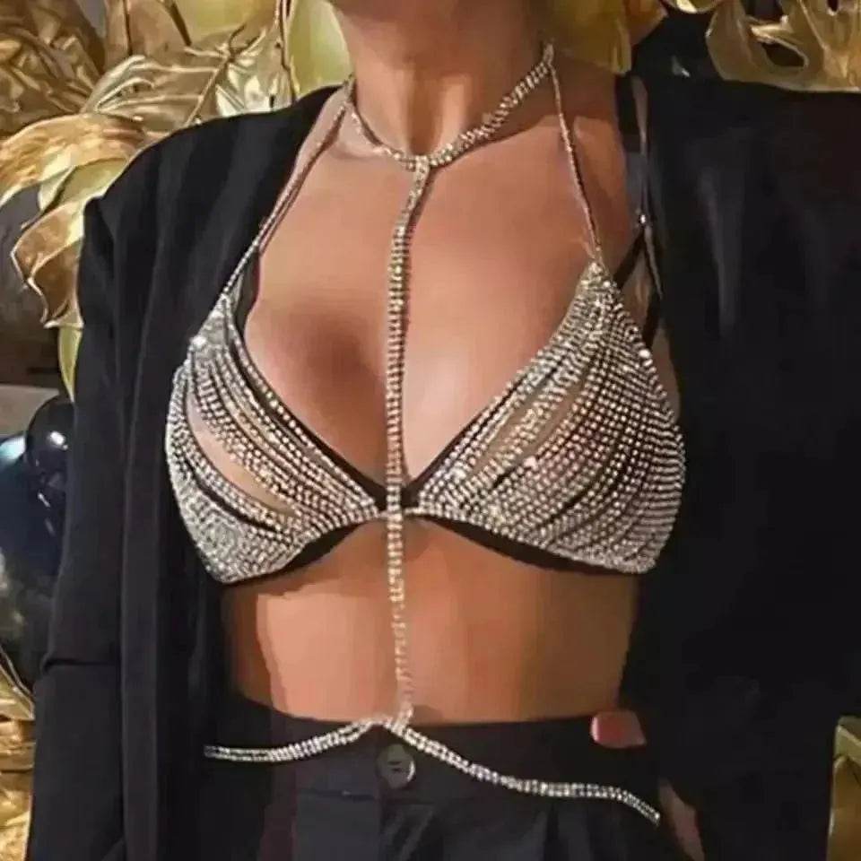 Chaîne de corps fantaisie en strass pour femme, soutien-gorge de bikini pour danse exotique