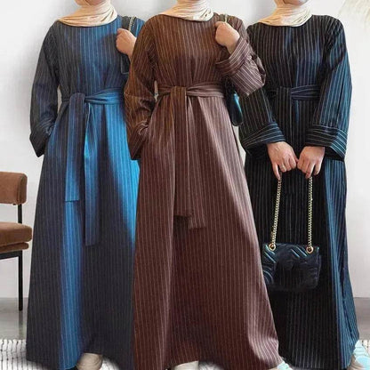 Fashionable Stripe Tunneled Abaya Dress for Elegant Arab Dubai Turkey Middle Eastern women.