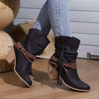Womens Vintage-Inspired Chunky Heeled Cowboy Boots - Fashionable Tassel & Braided Band Detail, Slip-On Comfort, Soft Slouchy Texture - Retro Short Western Boots
