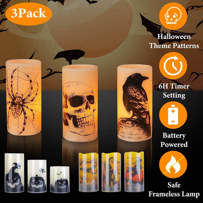 Lot de 3 bougies sans flamme d'Halloween avec minuterie, fonctionnant sur piles, lumières orange chaudes pour la décoration de fête d'Halloween.