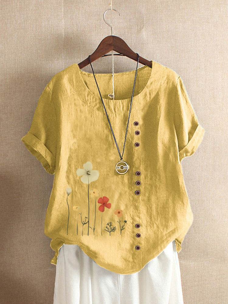 Casual Summer Beach Cotton And Linen Printed Elegant Short Sleeve blouse Top Women