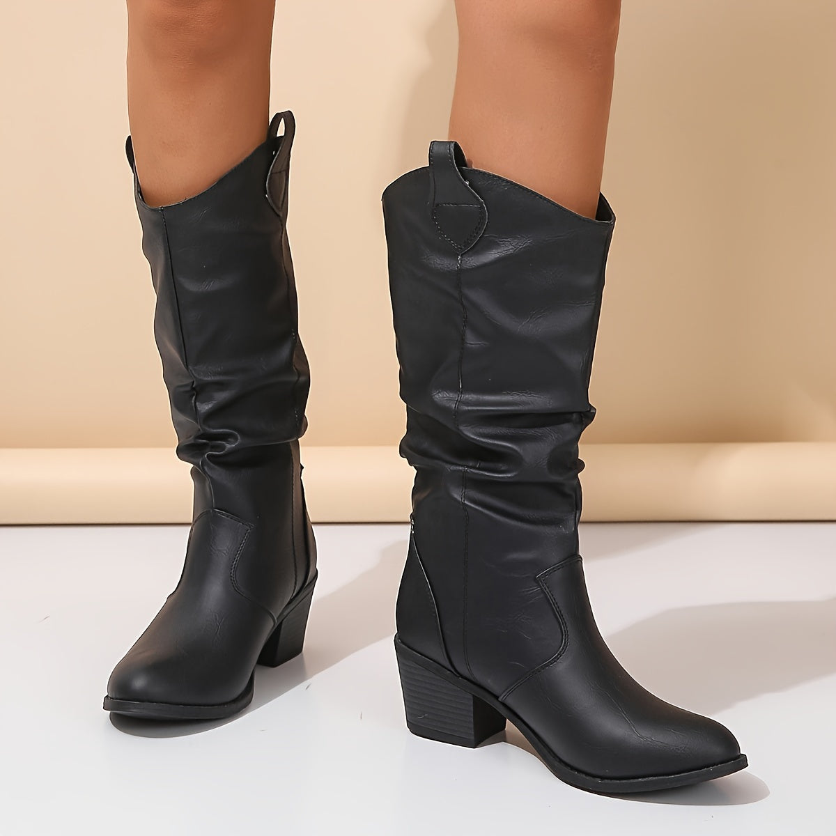 Women's Slouchy Cowboy Boots, Retro Chunky Low Heeled Pull On Western Boots, V-cut Mid Calf Boots