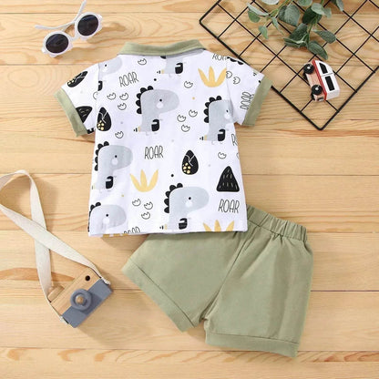Boy's Little Dinosaur Lapel Cotton Short Sleeve Top Short Pants Suit Two piece for boys.