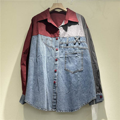 High-grade Contrast Color Patchwork Cotton Denim Long Sleeve Loose Shirt Women