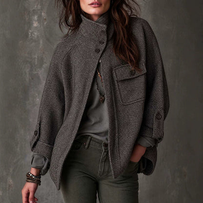 Women’s Vintage Oversized Herringbone Wool Coat – Long Relaxed-Fit Winter Outerwear Jacket