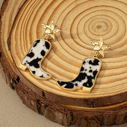1 Pair Vintage Boho Cowboy Boot Earrings, Black and White Faux Leather with Golden Star Accent, Zinc Alloy Dangle Drop Earrings for Women, Stainless Steel Posts, Suitable for Daily and Vacation Wear, Bohemian Style, Leather B