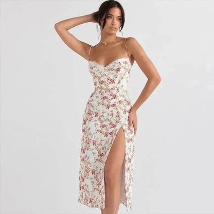 Women's Floral Spaghetti Strap Cami Dress Lace Trim Side Slit Bodycon Midi summer Dress