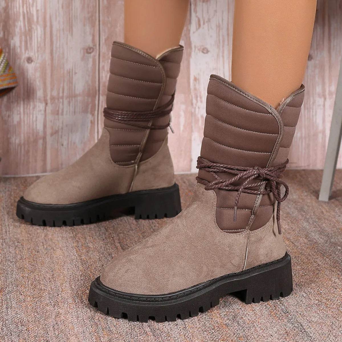 Bottes de neige mi-mollet tendance avec lacets, bottes d'hiver chaudes et épaisses à talon bas, chaussures décontractées pour femmes, pour l'extérieur