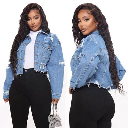 Veste courte en jean déchiré à manches longues pour femmes, coupe courte, ample
