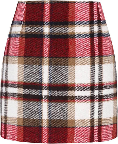 Women's High Waist Plaid Tight Pencil Wool Mini Skirt