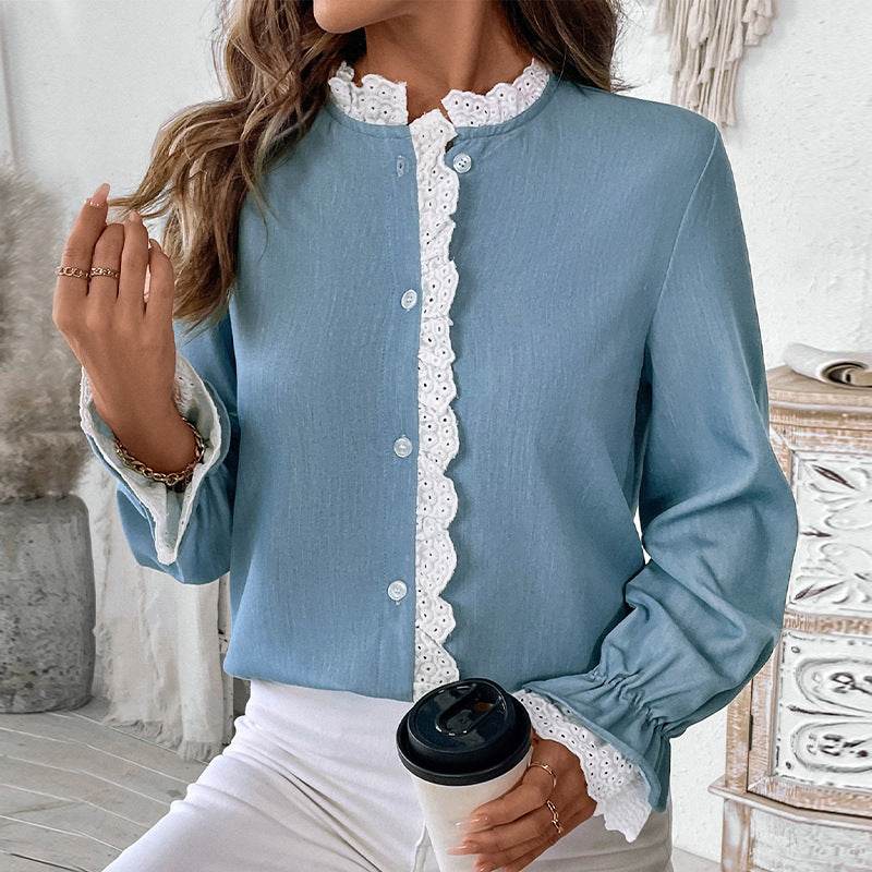 Elegant Single-breasted button Blue Shirt For Women