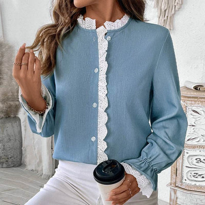 Elegant Single-breasted button Blue Shirt For Women