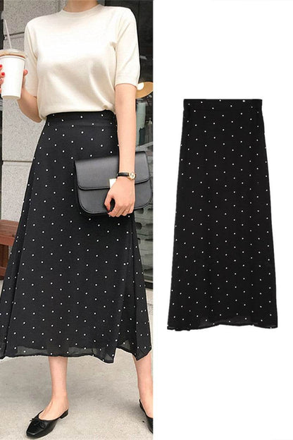 Polka dot High waist Chiffon Flowy Midi skirt women